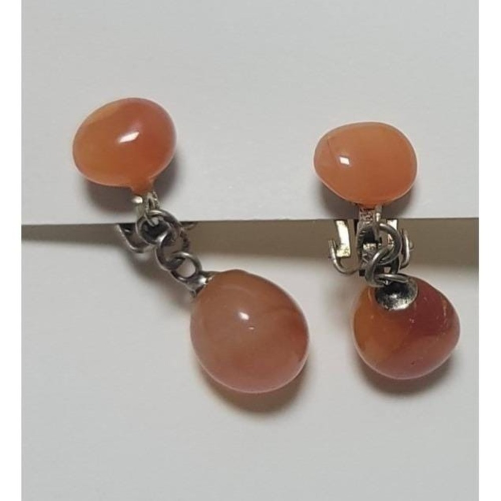 Vintage Silver Tone Carnelian Gemstone Dangle Drop Earrings Womens Clip On Style - Picture 2 of 7